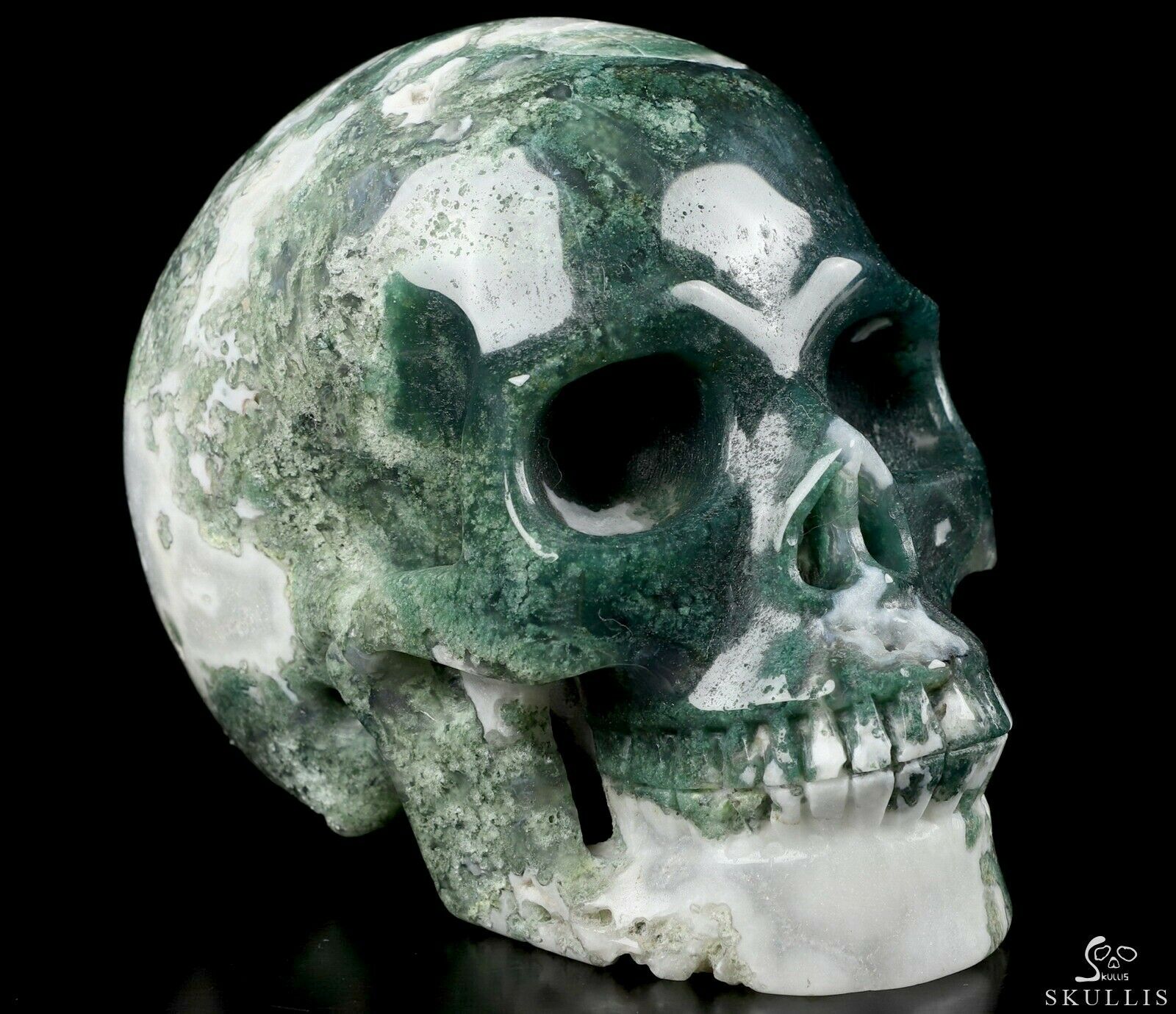 5.0" Green Moss Agate Carved Crystal Skull, Realistic, Crystal Healing