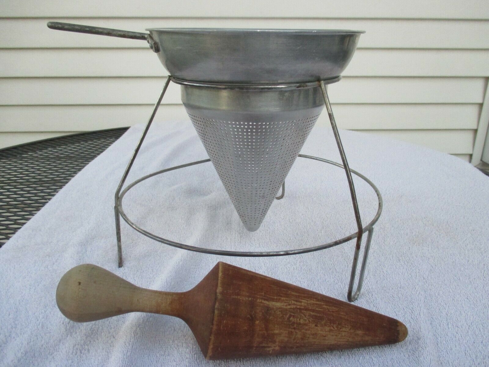 Vintage Aluminum Juice Colander Complete With Stand And Wooden Pestle