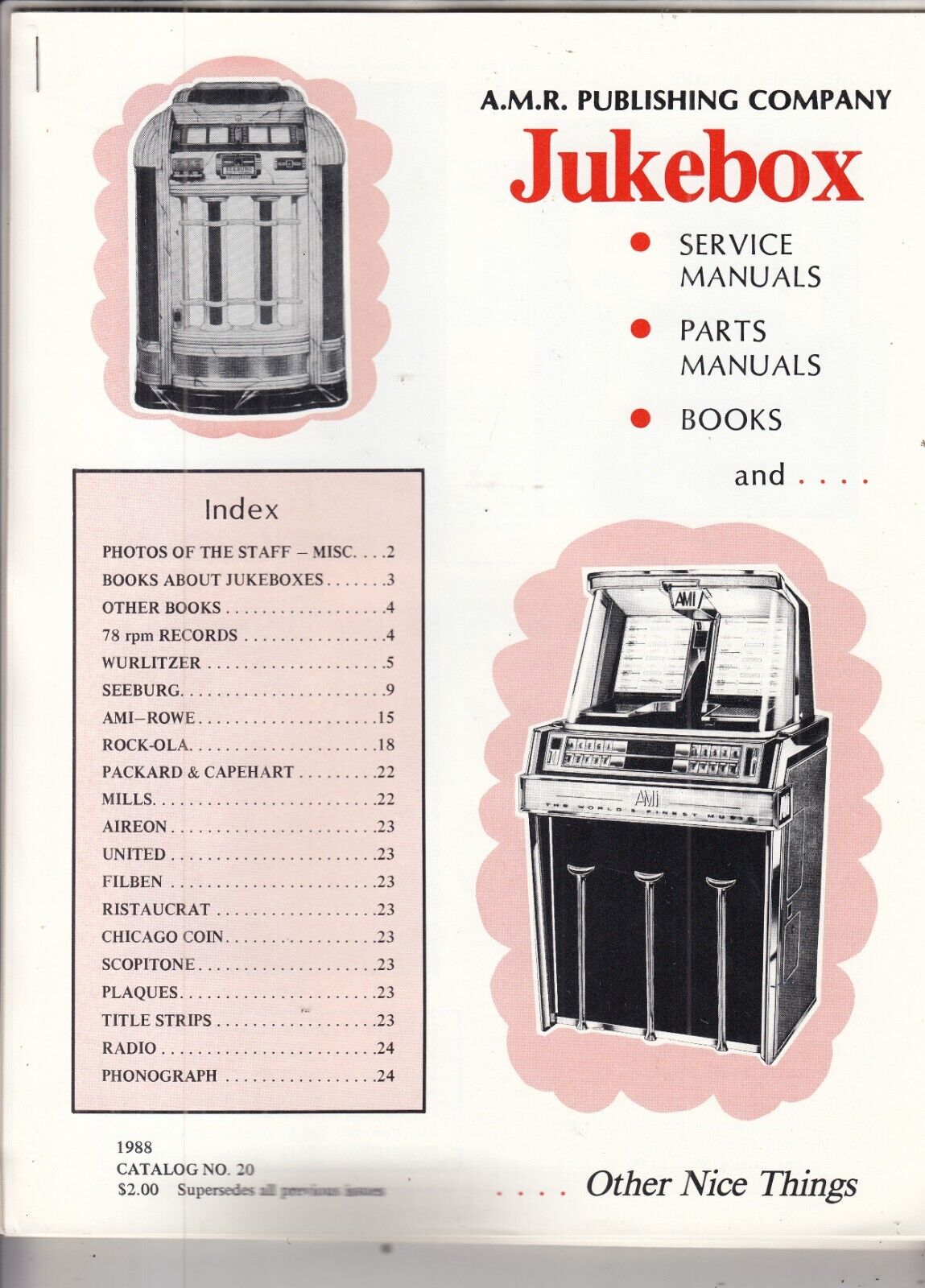Wurlitzer 1988  Model 20 Amr  Jukebox Parts Catalog