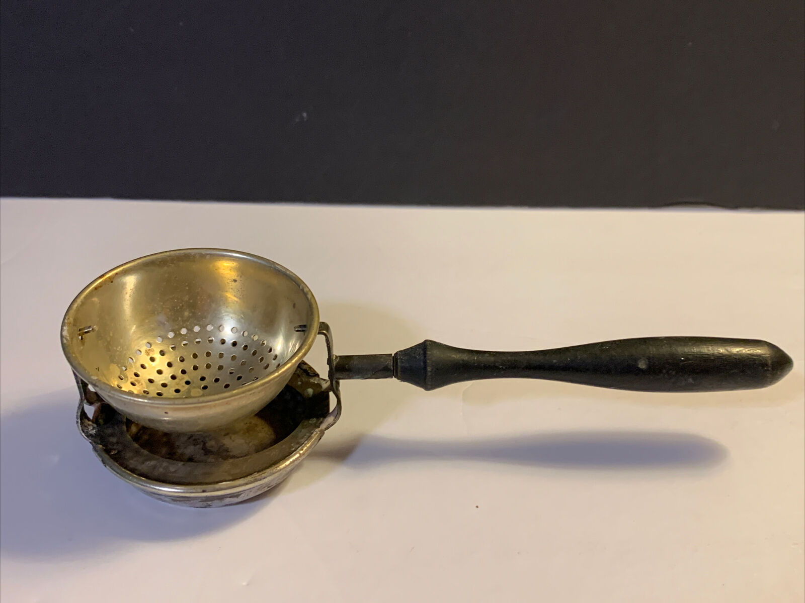 Antique P&b  Swivel Tea Strainer Brass With Wood Handle And Silver Drip Catcher