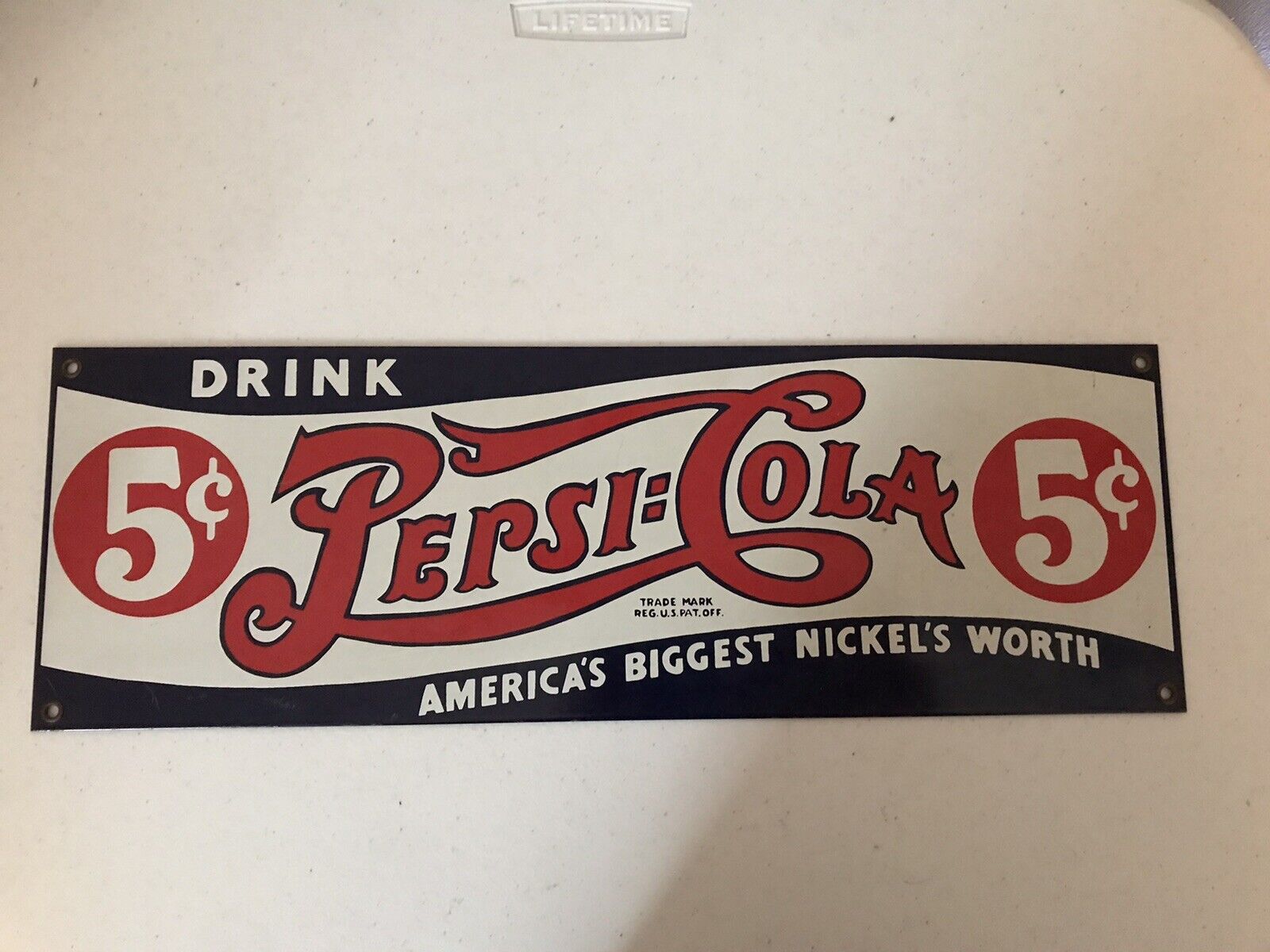Retro Pepsi Cola 5 Cents Ande Rooney Enameled Porcelain Sign 18" X 6"