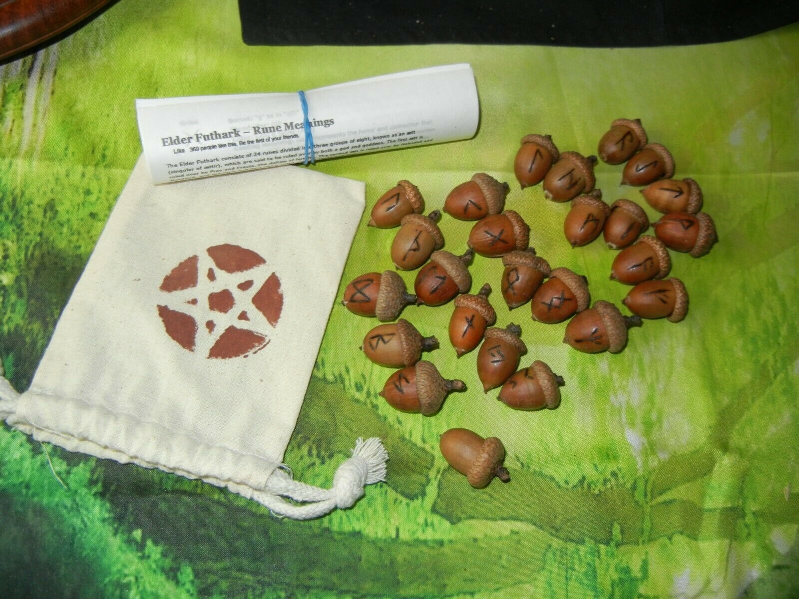 Wicca Pagan Wood  Red Oak Acorn Runes Burned Elder Futhark Bag & Instructions