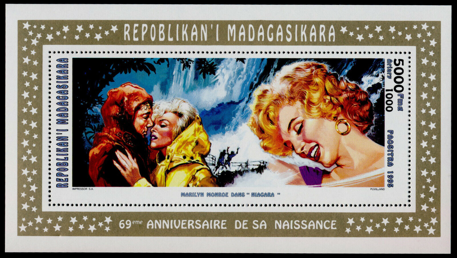 Malagasy 1293 S/s Mnh Marilyn Monroe, Movie "niagara"