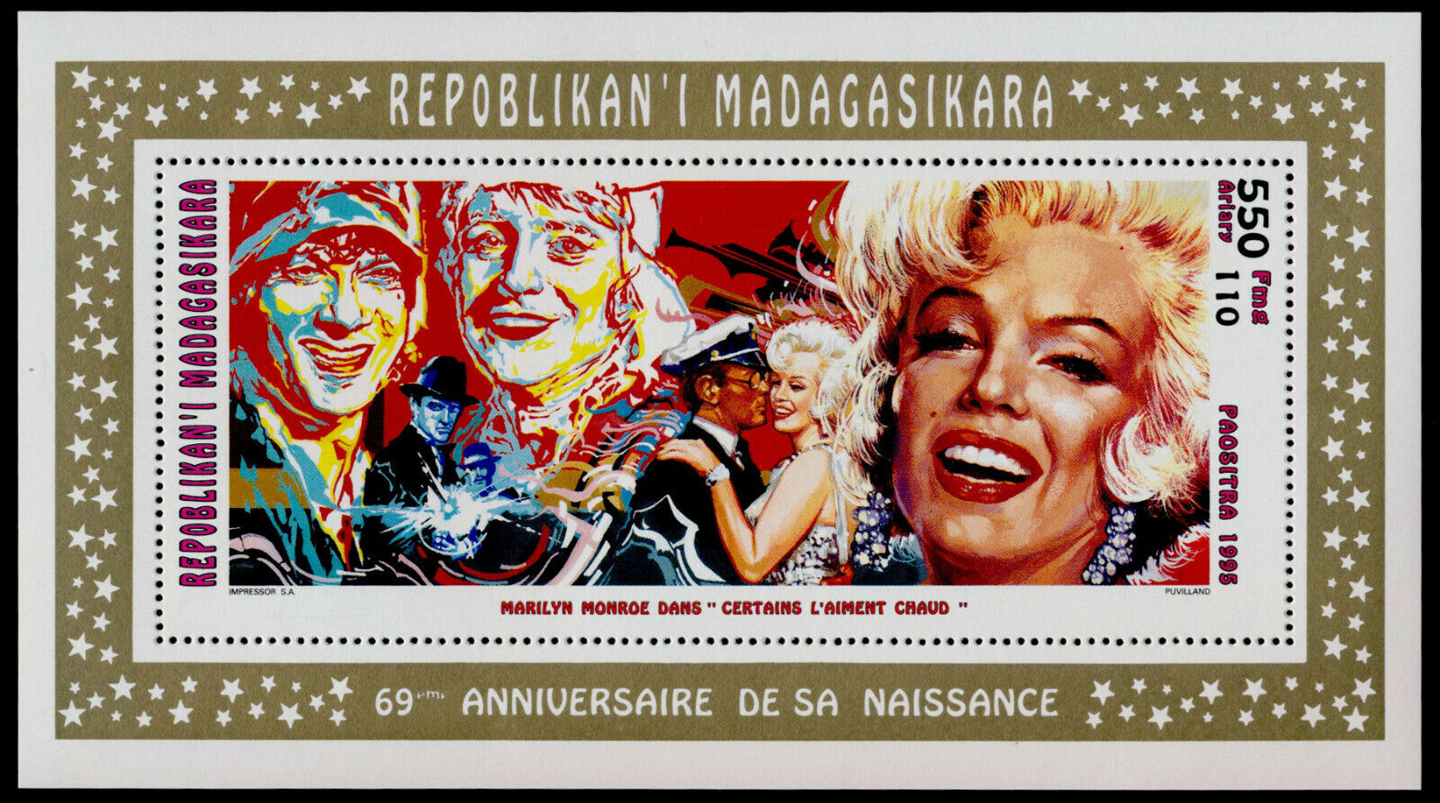 Malagasy 1291 S/s Mnh Marilyn Monroe, Movie "some Like It Hot"