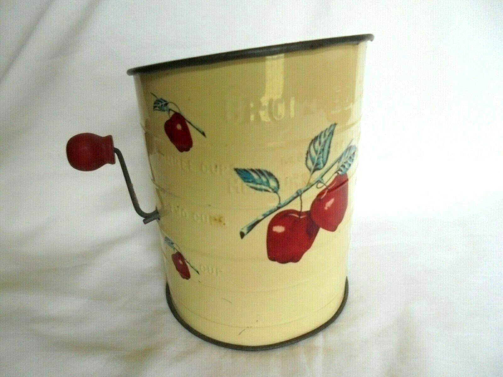 Vintage Bromwell 3 Cup Flour Sifter White W/ Red Apples & Red Wood Knob
