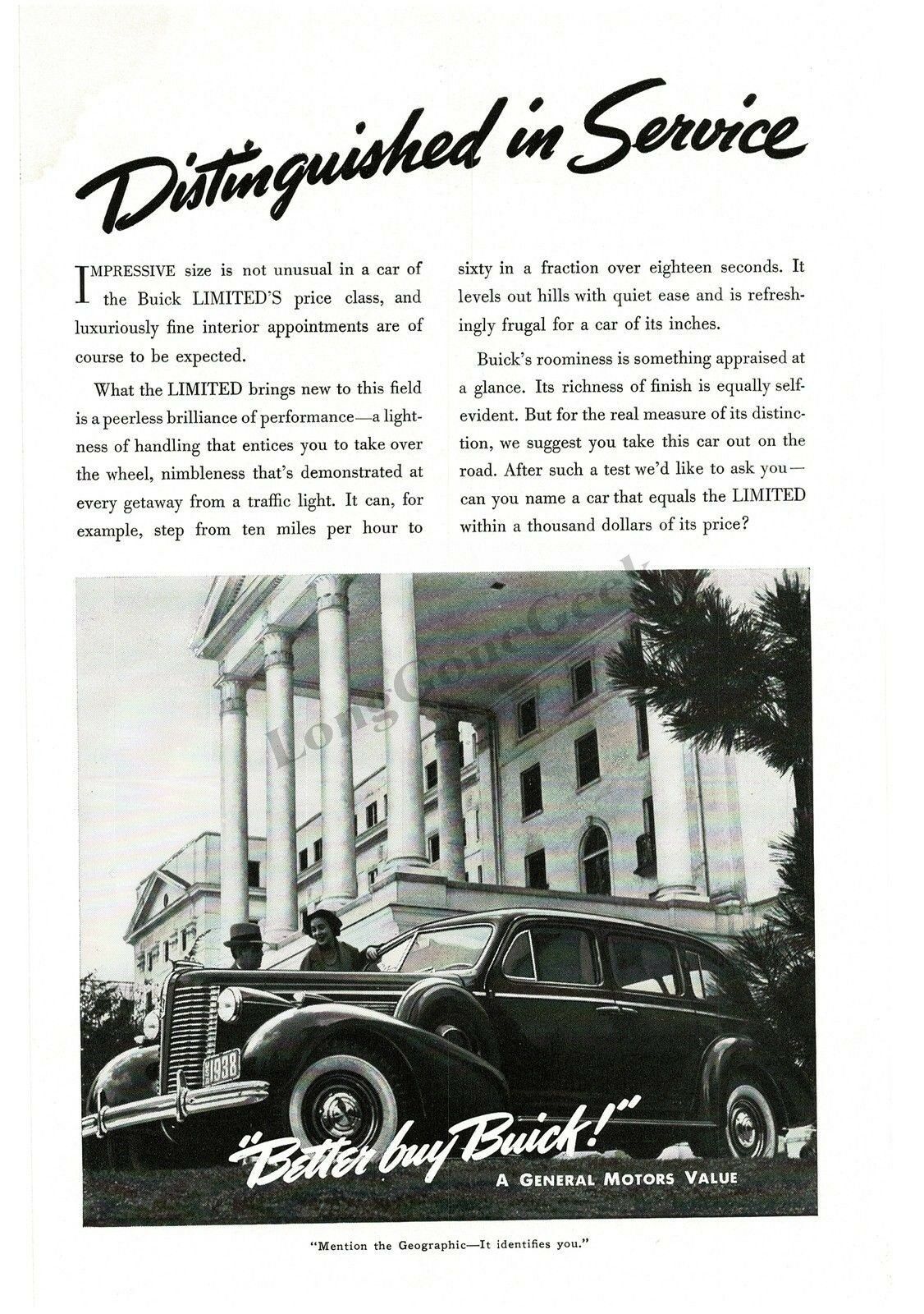 1938 Buick Limited 4-door Sedan In Front Of Mansion Vintage Print Ad