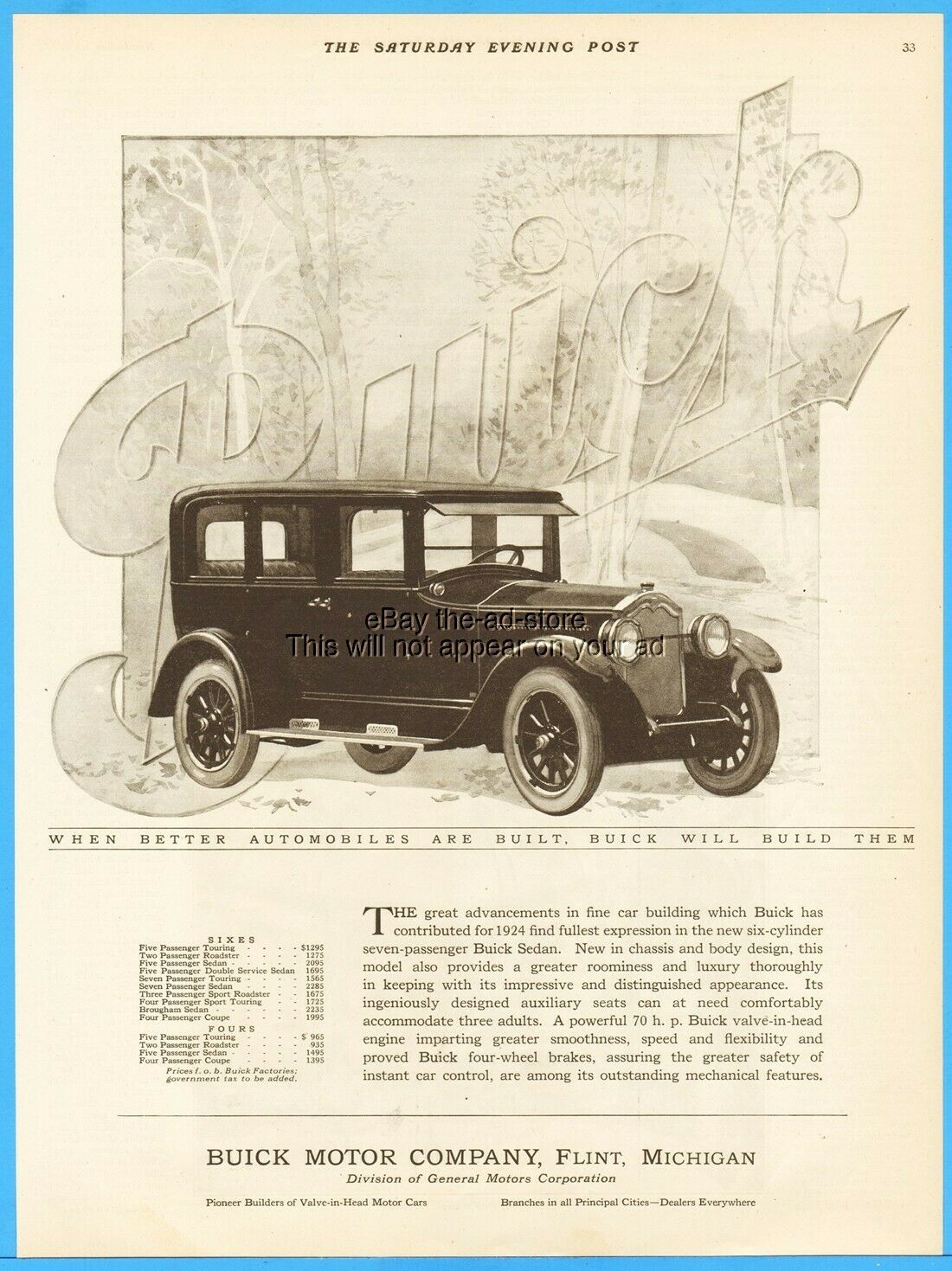 1924 Buick Motor Car Co Flint Mi 7 Pass. Sedan Automobile General Motors 1923 Ad