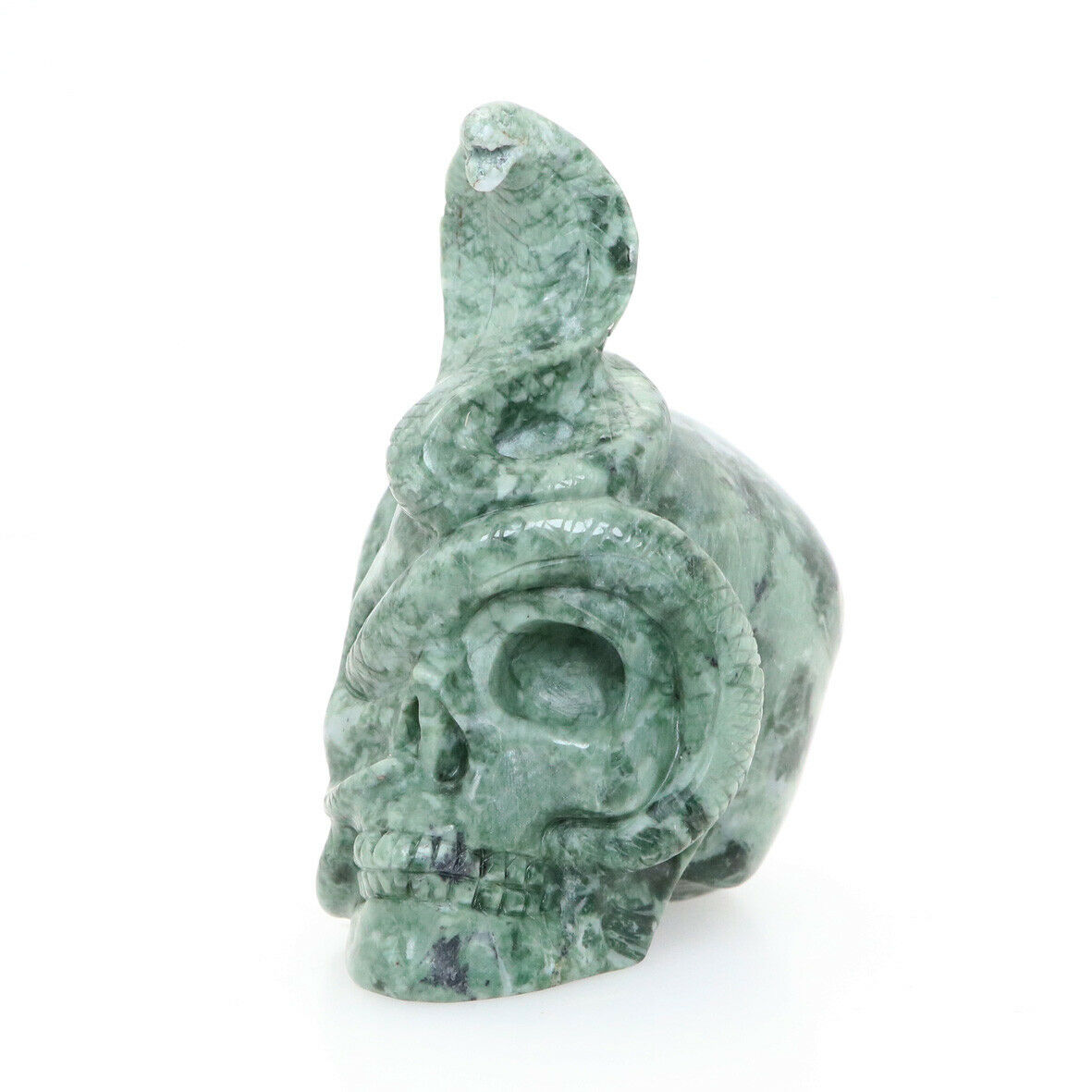 Height 4" 392g Green Stone Carved Snake Crystal Skull Healing Realistic