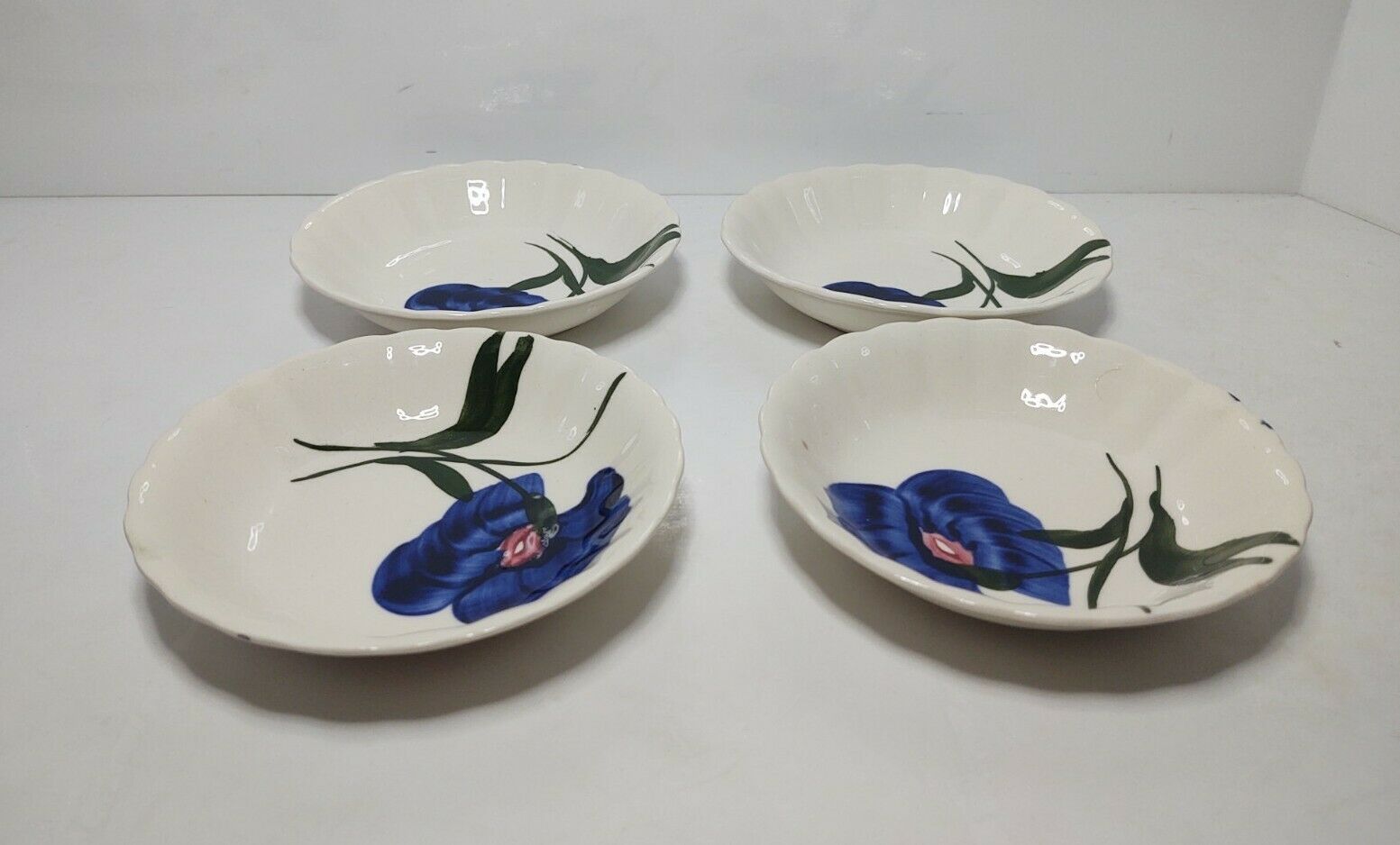 Blue Ridge Southern Potteries Hand Painted Blue Flowers Desert/ Berry Bowls (4)