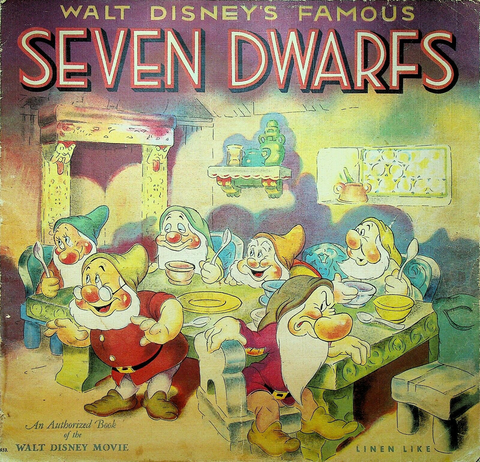 Walt Disney's Famous Seven Dwarfs Authorized Book Of Movie Linen Like 1938