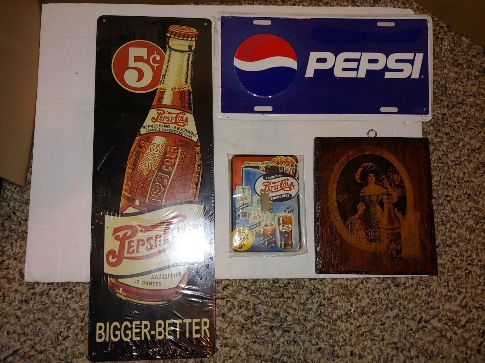4 Vintage Pepsi-cola Signs,mint Sealed Tin Metal,license Plate,switchplate Cover