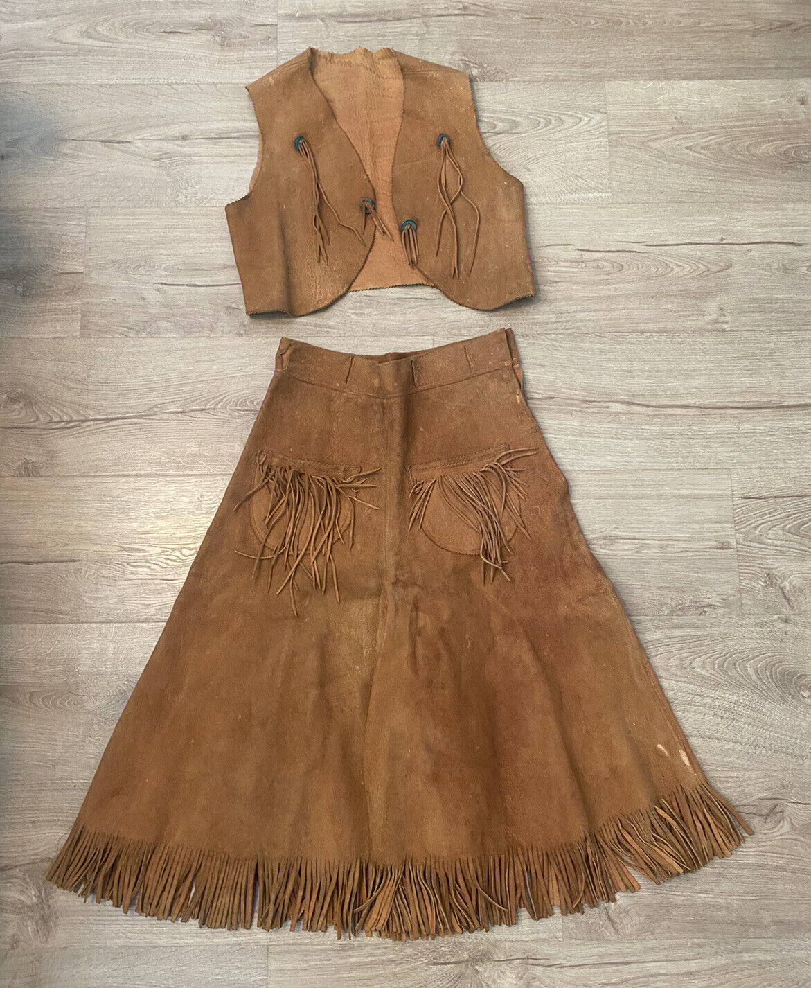 Vintage Antique Native American? Leather Fringe Shorts Skirt & Vest Outfit