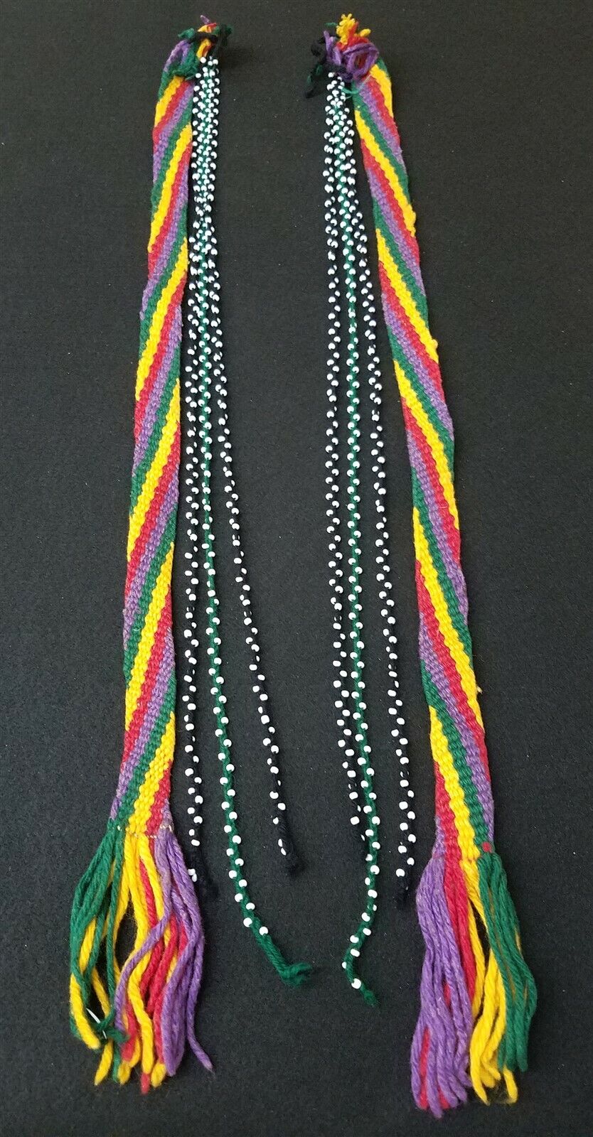 Pair Handcratfed Beaded Yarn Finger Weaving Streamers Native American Indian Set