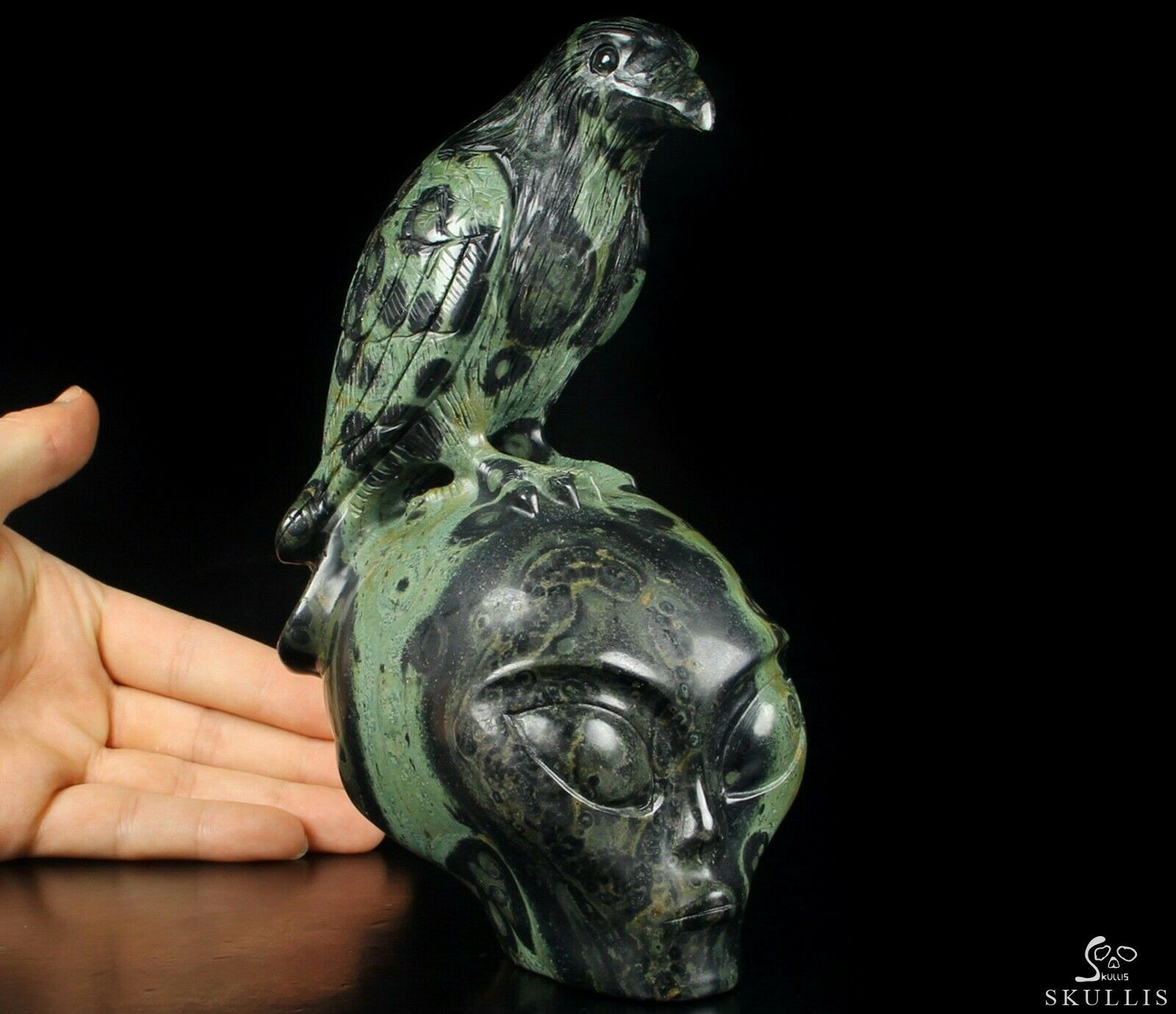 Huge 7.1" Kambaba Jasper Carved Crystal Alien Skull & Raven Sculpture