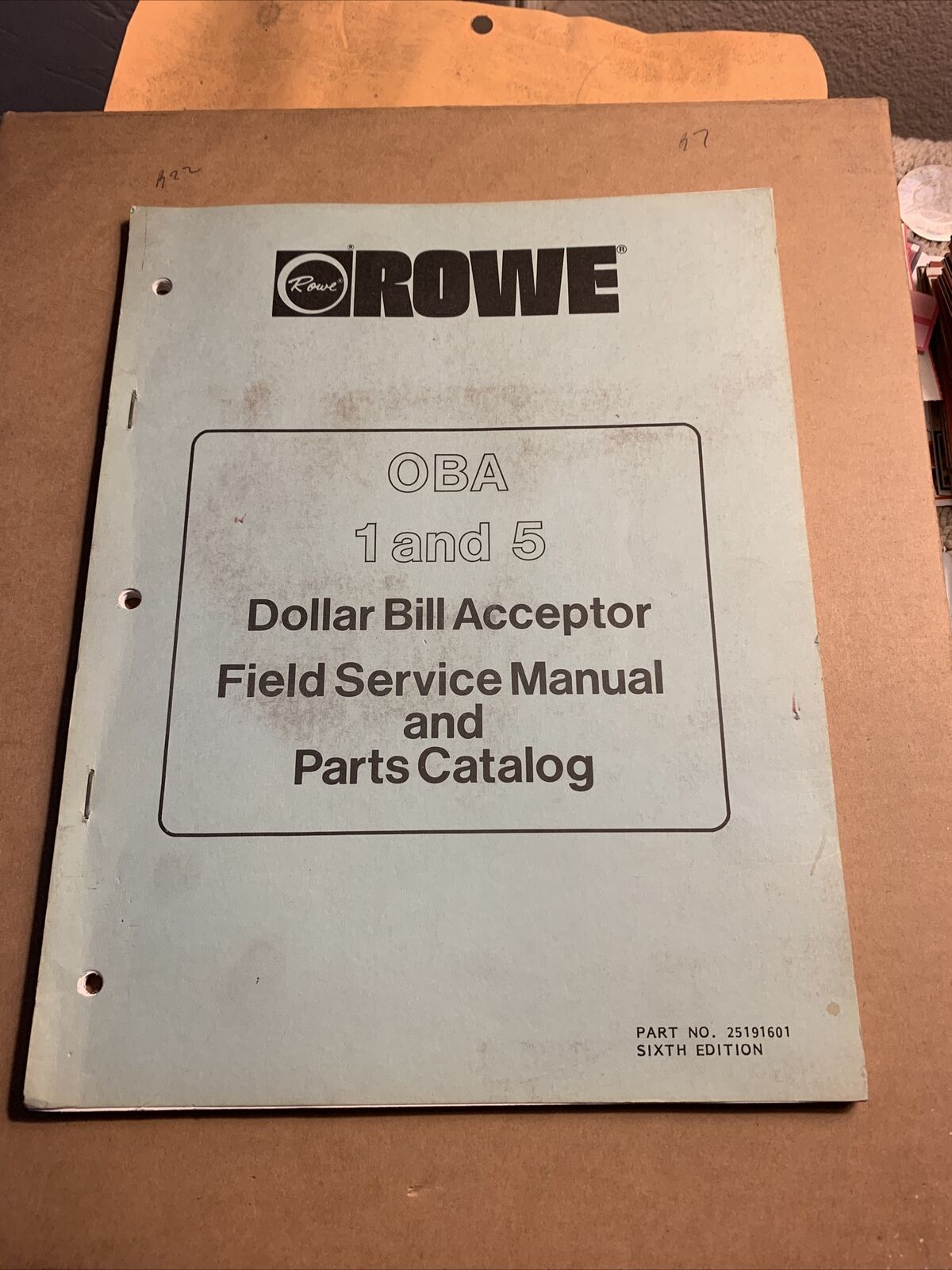 Original  Arcade Jukebox Owners Manual Rowe Oba 1-5 Dollar Bill Acceptor