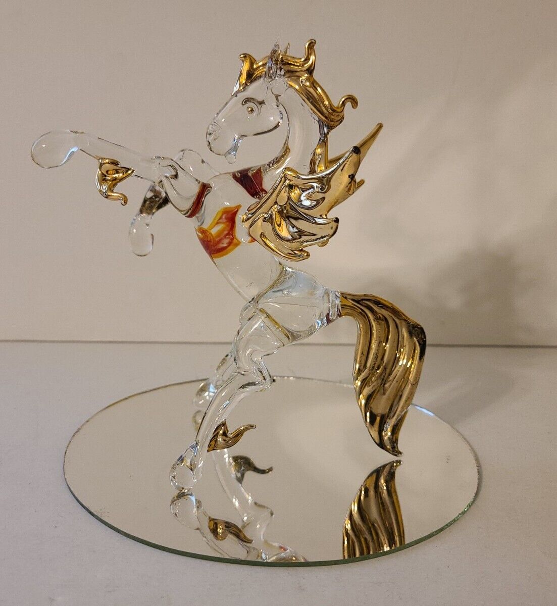 Vintage Blown Glass Crystal Pegasus Winged Horse Figurine, Mirror Base 6.5"