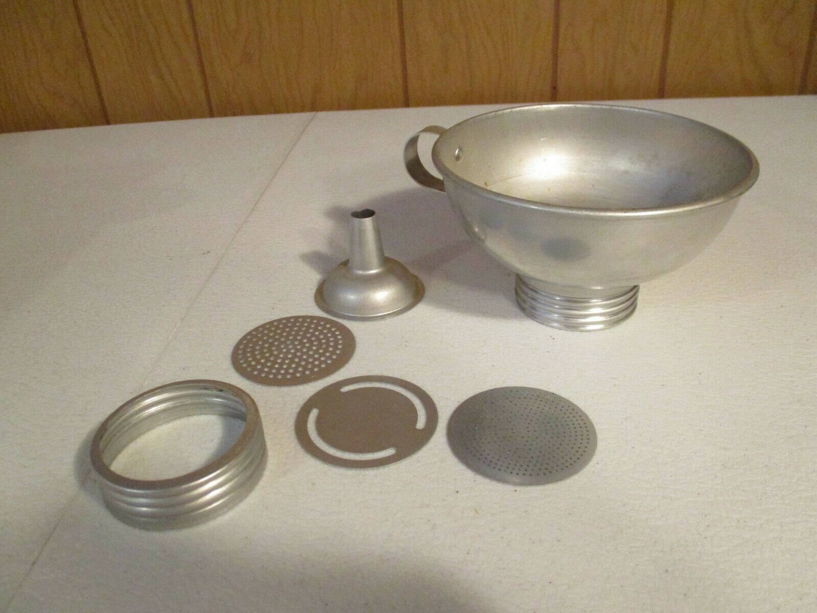Vintage 6 Piece Aluminum Canning Funnel, Spout, Sieves 5" Diameter