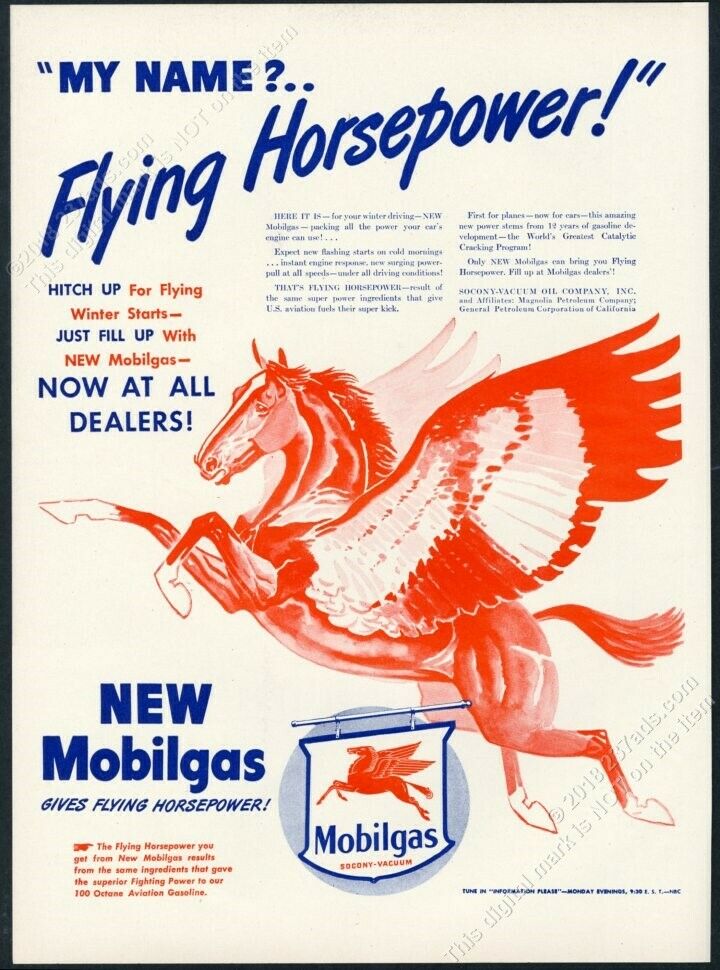 1945 Pegasus Red Horse Art Mobil Oil Gas Flying Horsepower Vintage Print Ad