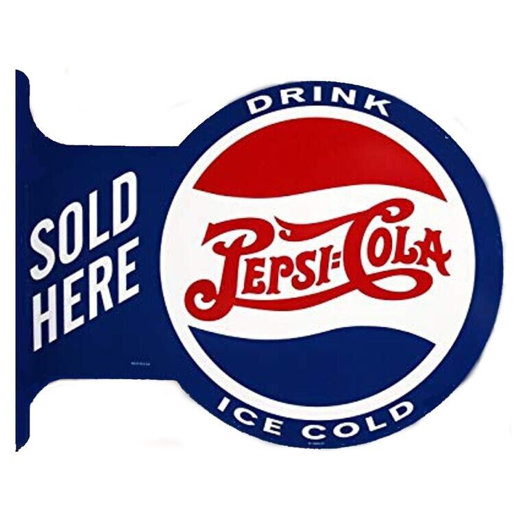 Pepsi Cola Soda Pop Large Flange Metal Tin Sign Vintage Garage Sold Here New
