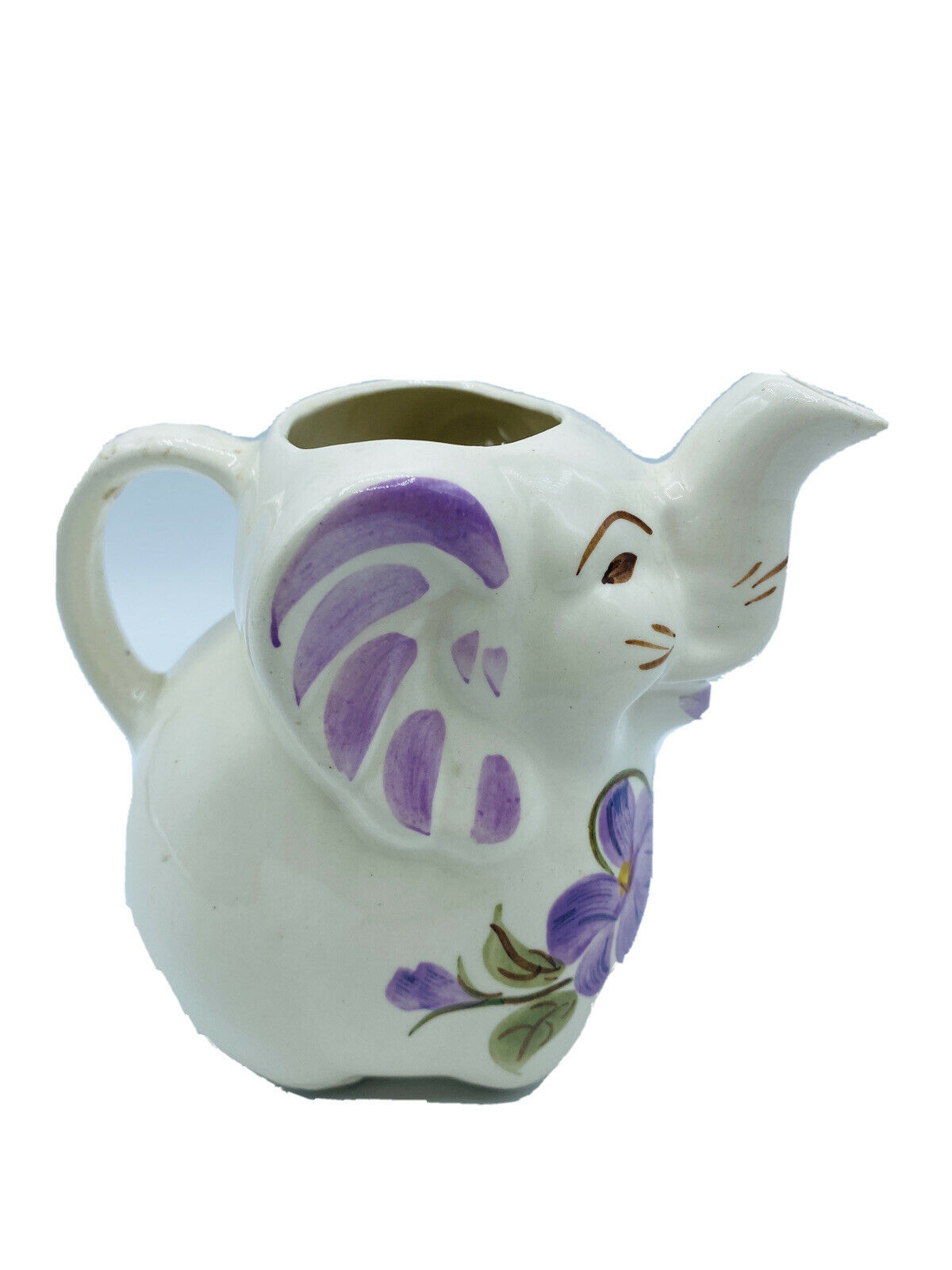 Vintage Cash Family Pottery Elephant Creamer Pitcher Hand Painted Purple Flowers