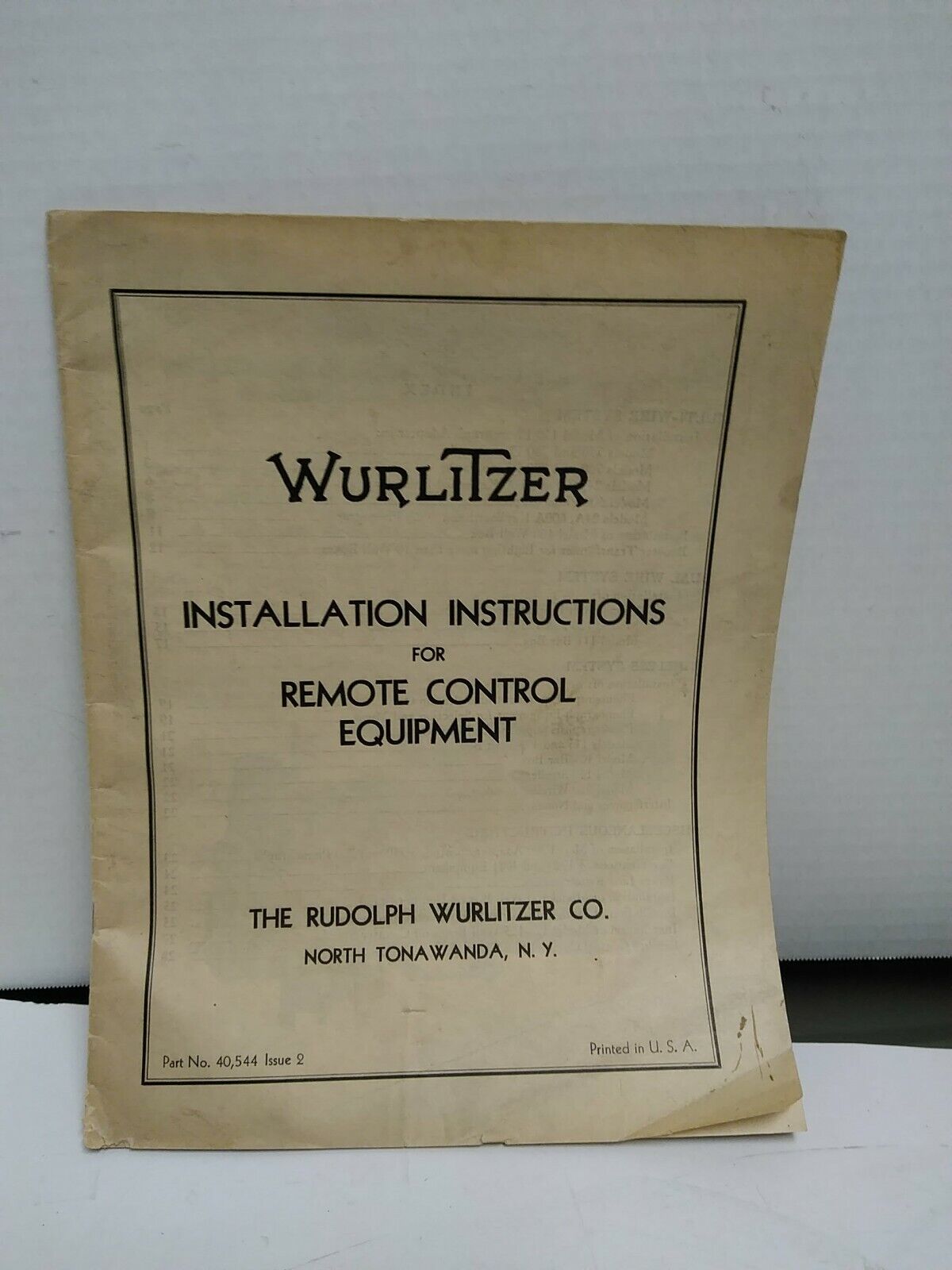 Wurlitzer Installation Instruction And Remote Control Equipment Manual