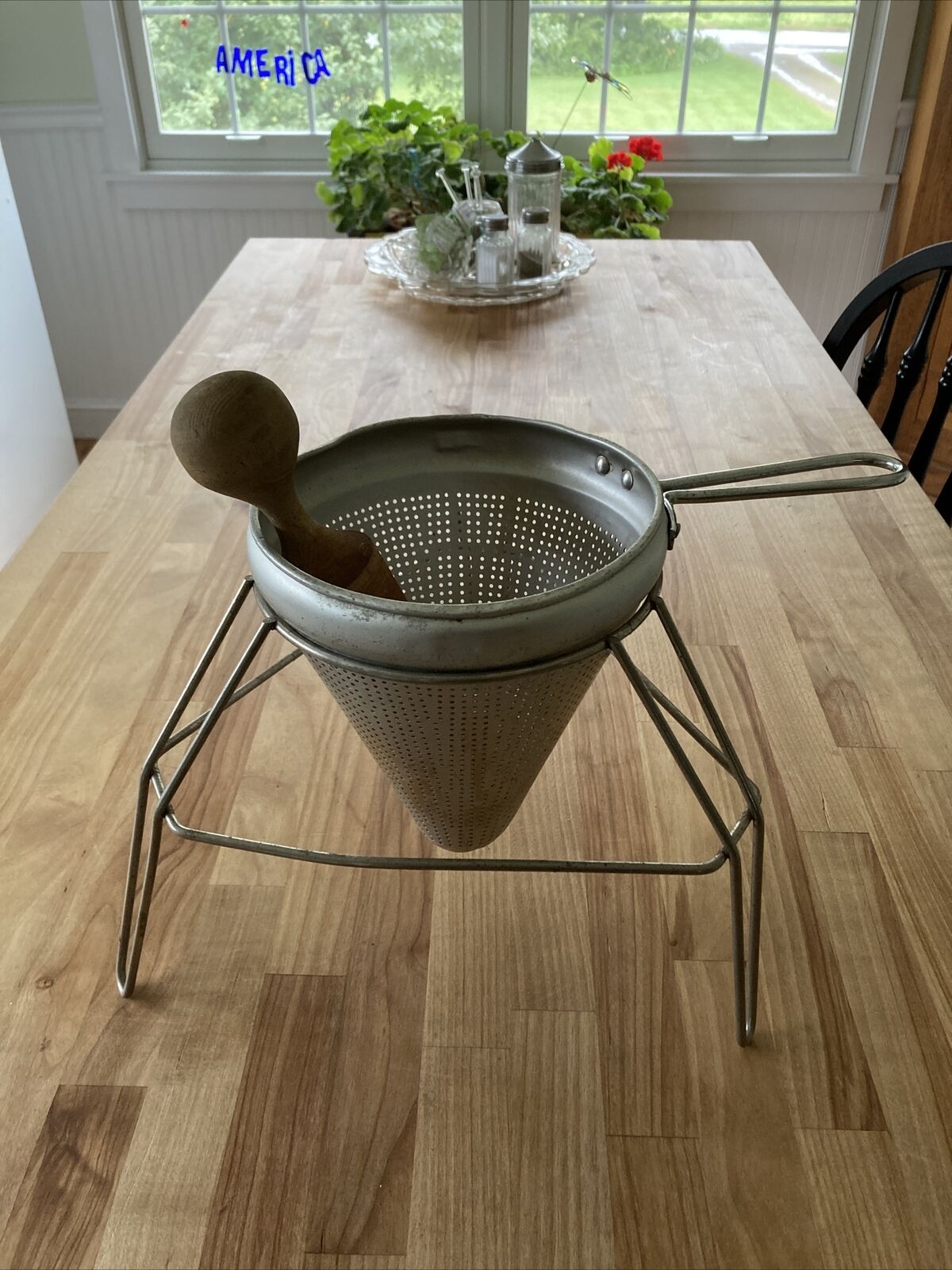 Antique Aluminum Cone Sieve Strainer Colander With Wood Pestle And Stand