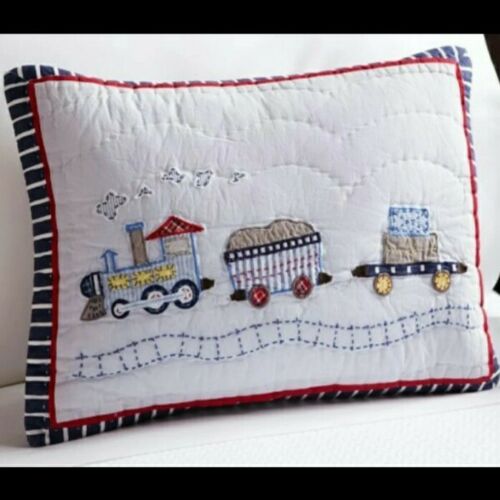 Pottery Barn Logan Train Baby Sham Quilted Blue Small Crib Pillow Toddler