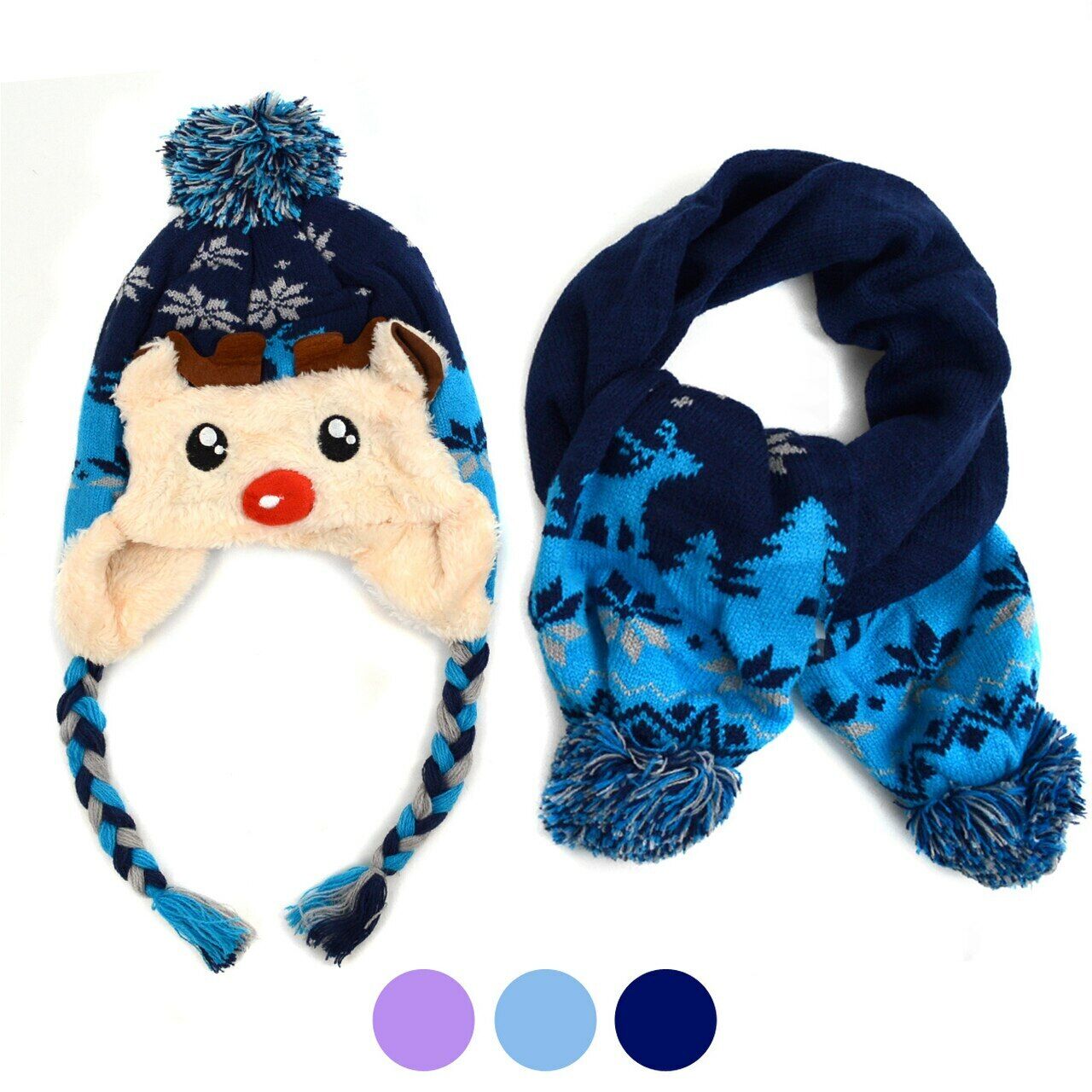 Boy Or Girl Reindeer  Hat & Scarf Set Shades Of Blue Unisex Kids
